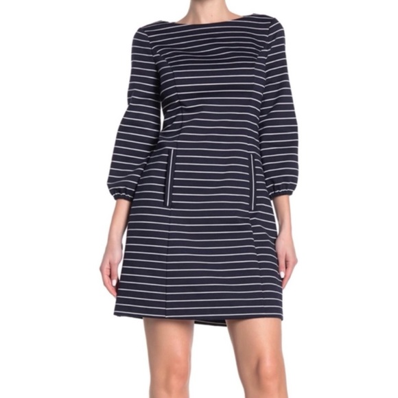 ELIZA J Boatneck Long Sleeve Stripe Cut-Out Back Knit Shift Dress, Navy, Size 6 - Picture 1 of 4